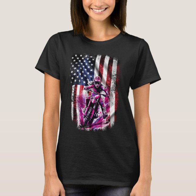 Camiseta Bandera Patriótica Estadounidense, Chica de Motocr (Anverso)