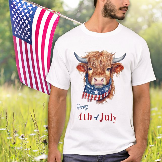 Camiseta Bandera Patriótica Highland Cow USA Feliz 4 De Jul (Subido por el creador)