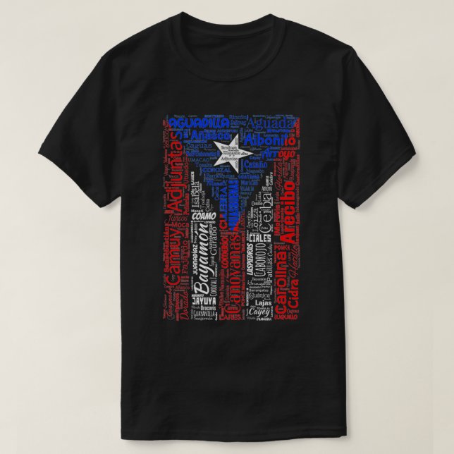 Camiseta Bandera puertorriqueña con pueblos y ciudades de P (Diseño del anverso)