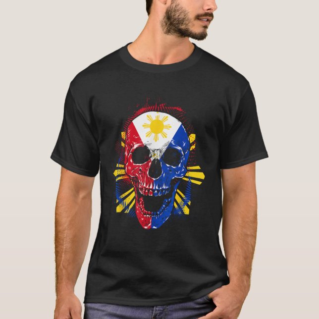 Camiseta Bandera Skull Halloween con huesos Filipino Pinoy  (Anverso)