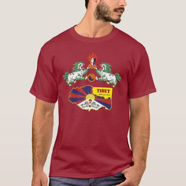 Camiseta Bandera tibetana y tibetana, leones de nieve, mapa (Anverso)
