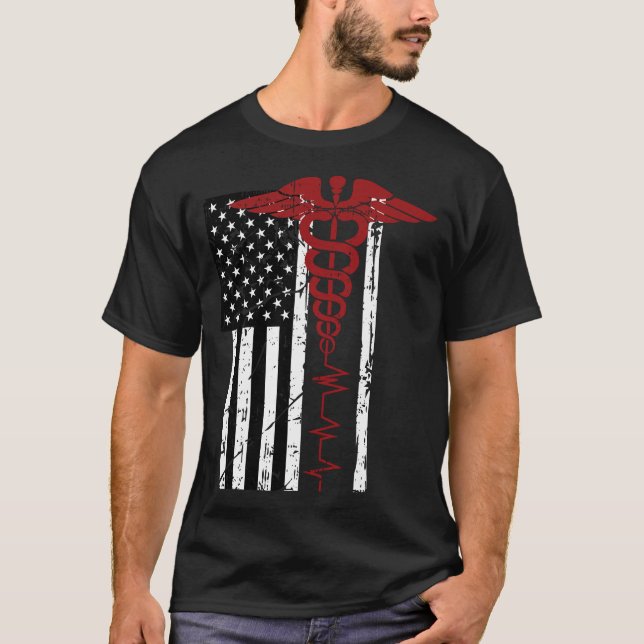 Camiseta Bandera USA Símbolo médico negro patriótico Caduce (Anverso)