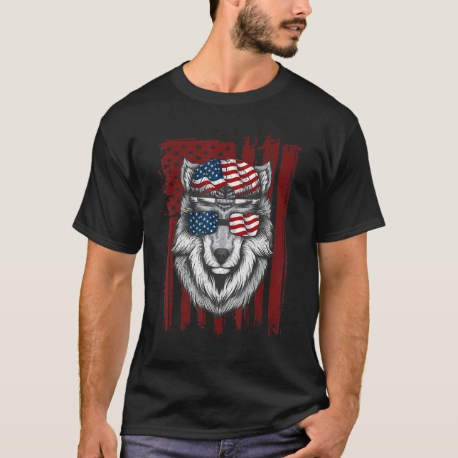 Camiseta Bandera Wolf Estadounidense Usa 4 De Julio Hombres (Anverso)