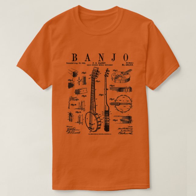 Camiseta Banjo Instrumento Musical Dibujo De Patentes Vinta (Diseño del anverso)