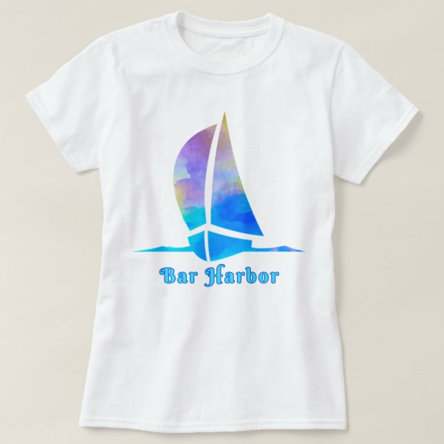 Camiseta Bar Harbour Maine Watercolor Ocean Sailboat (Diseño del anverso)