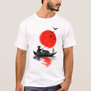 Camiseta Barco asiático zen minimalista Silueta Sol rojo
