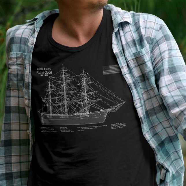 Camiseta Barco Clipper Flying Cloud - Plano ABD (Clipper Ship Flying Cloud - Blueprint ABD. Men Basic Black T-Shirt )