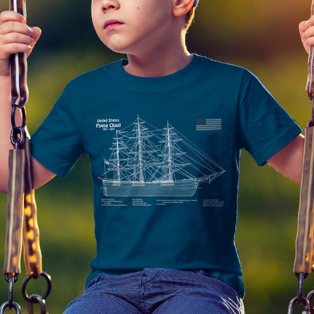 Camiseta Barco Clipper Flying Cloud - Plano ABD (Clipper Ship Flying Cloud - Blueprint ABD. Boy Basic Blue T-Shirt )