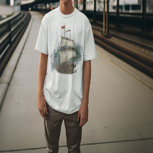 Camiseta Barco Dibujado A Mano En Ola De Barras Sobre Fondo
