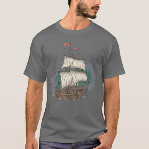 Camiseta Barco Dibujado A Mano En Ola De Barras Sobre Fondo