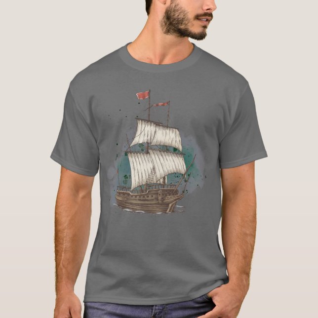 Camiseta Barco Dibujado A Mano En Ola De Barras Sobre Fondo (Anverso)