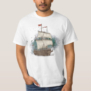 Camiseta Barco Dibujado A Mano En Ola De Barras Sobre Fondo