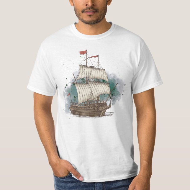 Camiseta Barco Dibujado A Mano En Ola De Barras Sobre Fondo (Anverso)