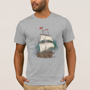 Camiseta Barco Dibujado a Mano en Ola de Proa sobre Fondo d
