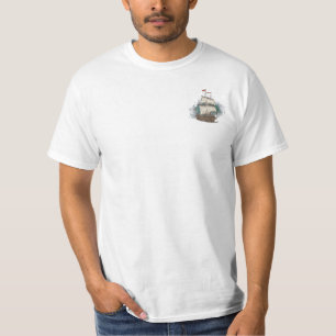 Camiseta Barco Dibujado a Mano en Ola de Proa sobre Fondo d