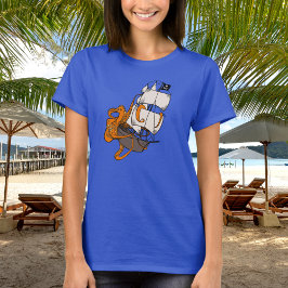 Camiseta barco pirata de pulpo gigante naranja kraken