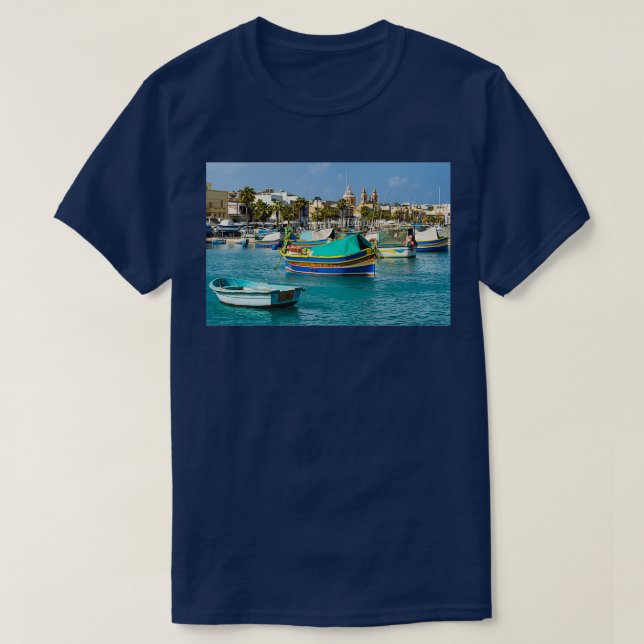 Camiseta Barcos de pesca tradicionales de Malta en Marsaxlo (Diseño del anverso)