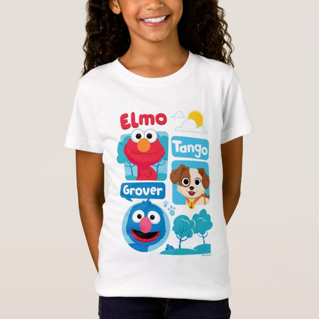 Camiseta Barrio Sésamo | Gráfico Elmo, Tango y Grover Park (Anverso)