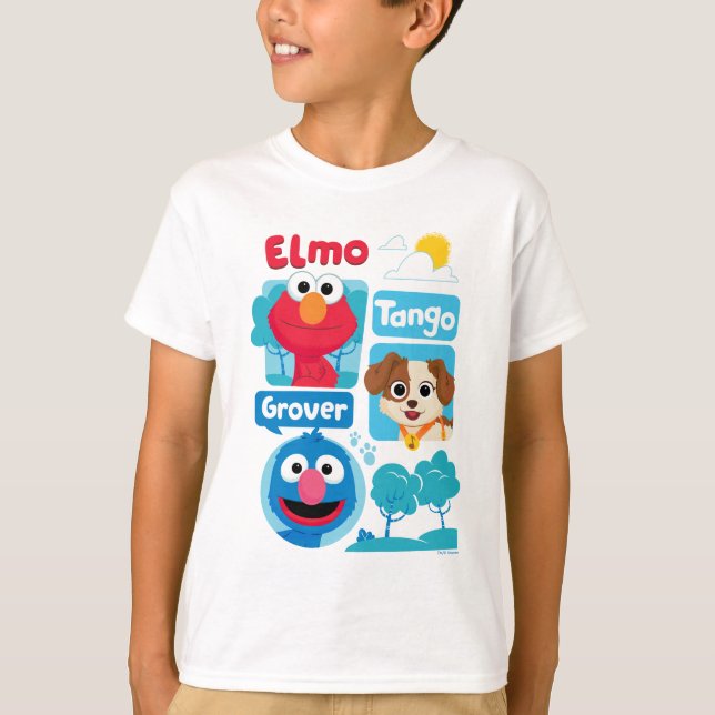 Camiseta Barrio Sésamo | Gráfico Elmo, Tango y Grover Park (Anverso)