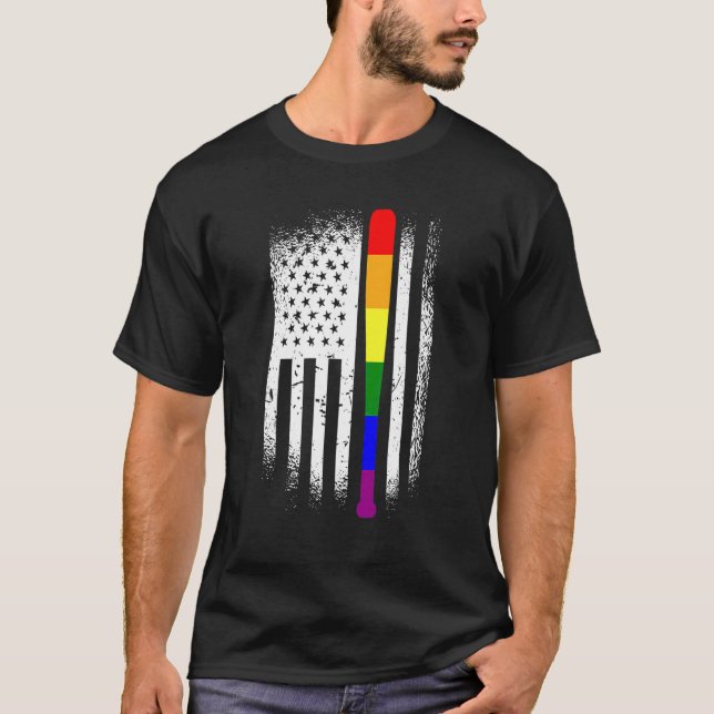 Camiseta Baseball American Flag Lgbt Q Rainbow Bat Gay Prid (Anverso)