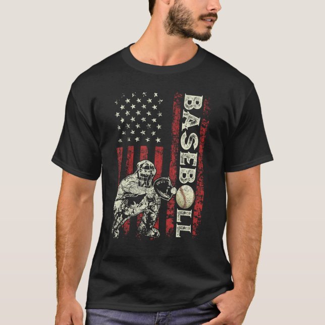 Camiseta Baseball Catcher US Flag  Dad Men Patriotic 4th Of (Anverso)
