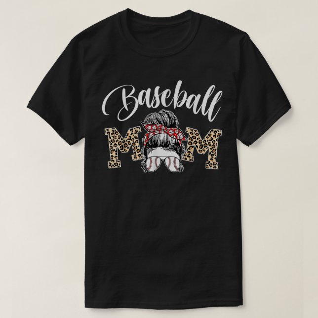 Camiseta Baseball Mama Leopard Funny Mom Messy Hair Bun Mot (Diseño del anverso)
