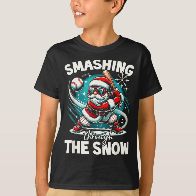 Camiseta Baseball Player Christmas Santa, Smashing Through  (Anverso)