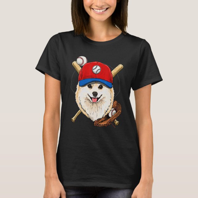 Camiseta Baseball Player Coaches Pomeranian Dog  Catcher Pi (Anverso)