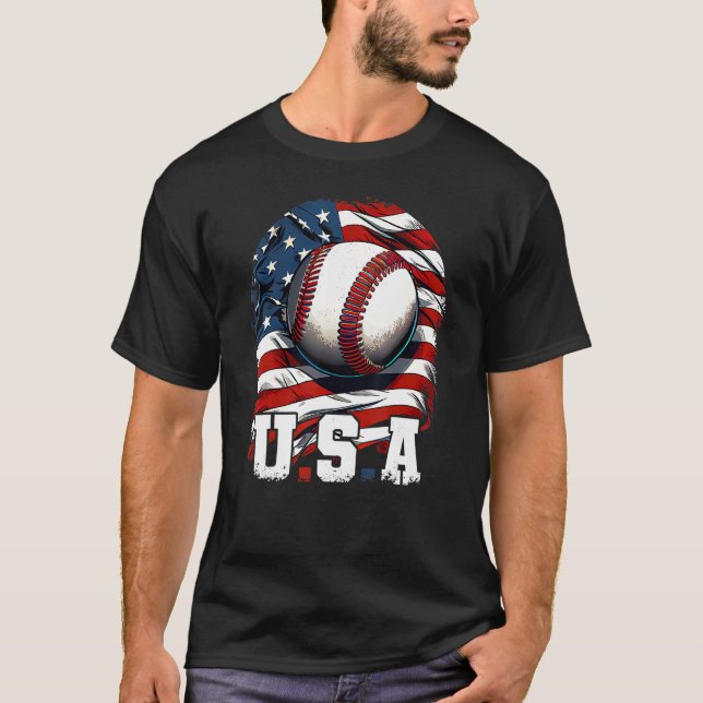 Camiseta Baseball USA Flag Patriotic  4th Of July Baseball (Anverso)