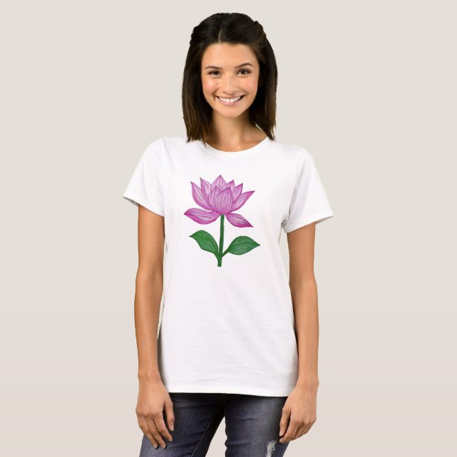 Camiseta básia mujer, con flor rosada (Anverso completo)