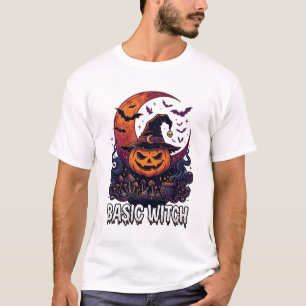 Camiseta Básica Bruja Calabaza de Halloween Luna Creciente