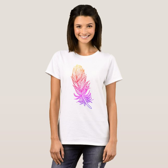 Camiseta básica de arte de pluma rosa, blanca (Anverso completo)