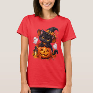 Camiseta básica de Halloween de calabaza gato negr