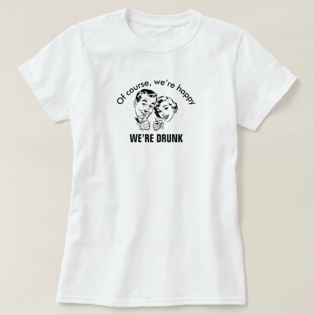 Camiseta básica de la pareja ebria feliz retro (Diseño del anverso)