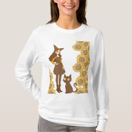 Camiseta básica de manga larga de bruja y gato de