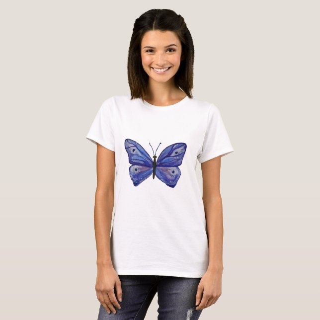 Camiseta básica femenina de arte de mariposa azul, (Anverso completo)