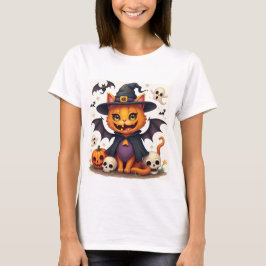 Camiseta básica femenina de gato bruja de Hallowee