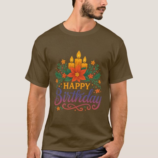 Camiseta básica oscura de vela de Feliz Cumpleaños (Anverso)