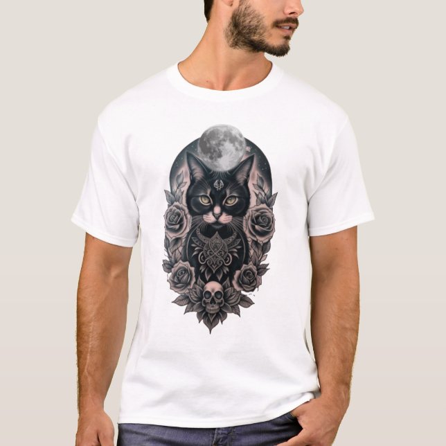 Camiseta básica para gatos góticos y lunares (Anverso)