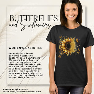 Camiseta básica para mujer de mariposas y girasole