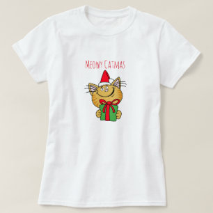 Camiseta básica para mujer gato de Navidad Meowy