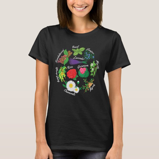 Camiseta Basil Geranium Pl Rosa de la hierba de aceite esen (Anverso)