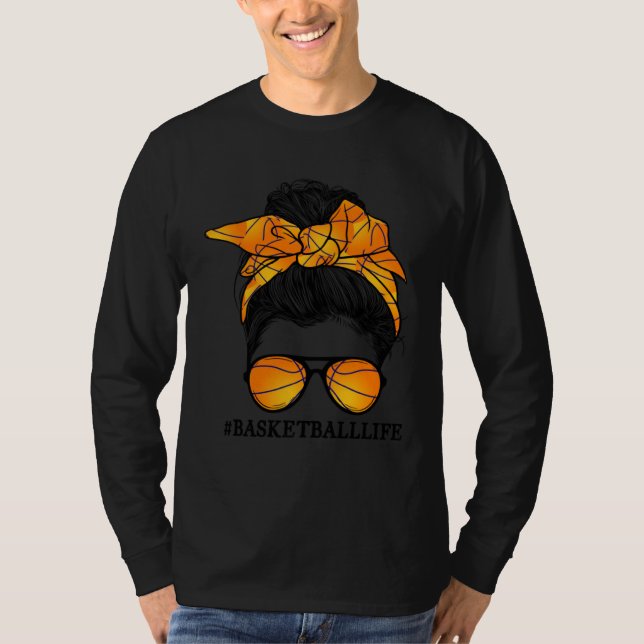 Camiseta Basketball Mom Messy Bun Glasses Bow Mom Life Moth (Anverso)