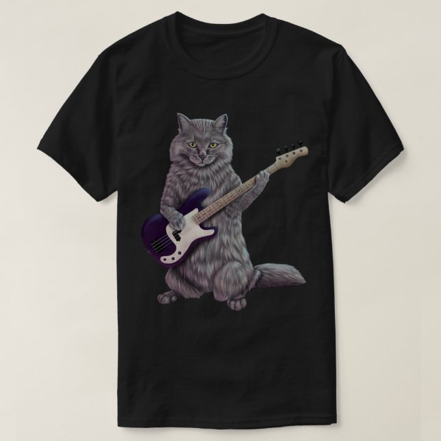 Camiseta Bass Cat- Banda de rock kitty tocando la guitarra  (Diseño del anverso)