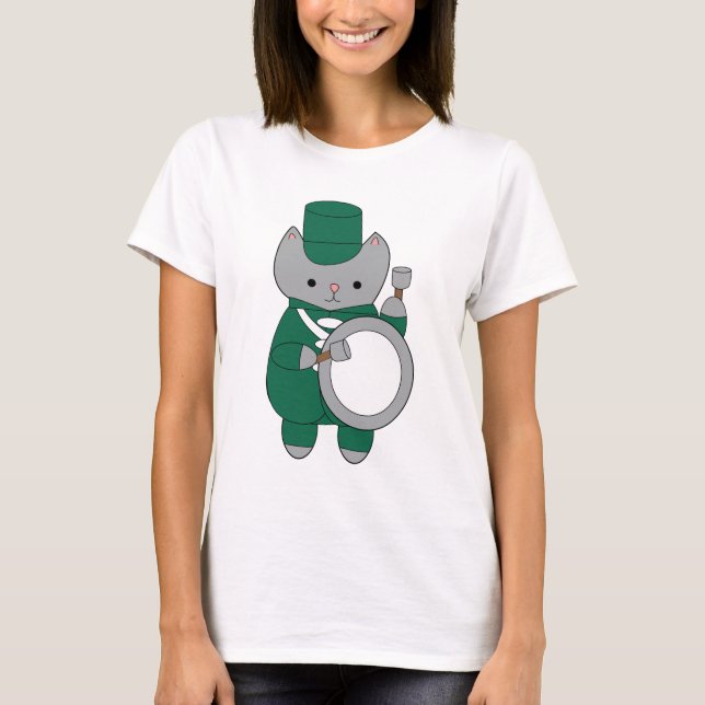 Camiseta Bass Drummer Cat Marcha Banda Verde Blanco (Anverso)
