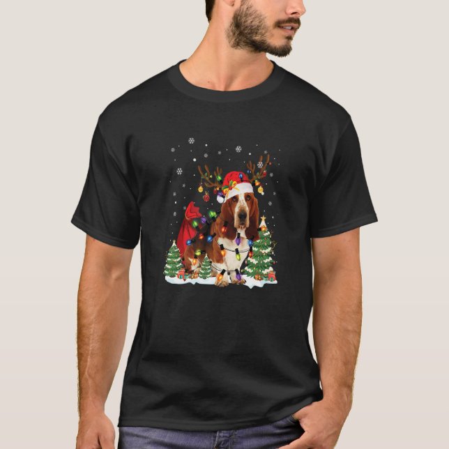Camiseta Basset Hound Christmas Reindeer Santa Hat Pajama (Anverso)