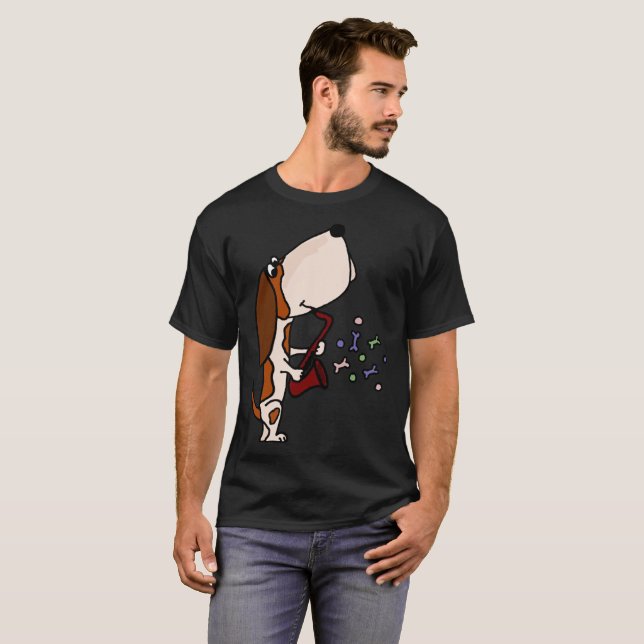 Camiseta Basset Hound divertido que juega arte del saxofón (Anverso completo)