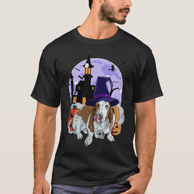 Camiseta Basset Hound Dog Halloween Witch Pumpkin (Anverso)