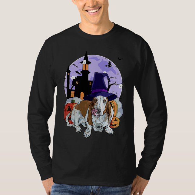 Camiseta Basset Hound Dog Halloween Witch Pumpkin (Anverso)
