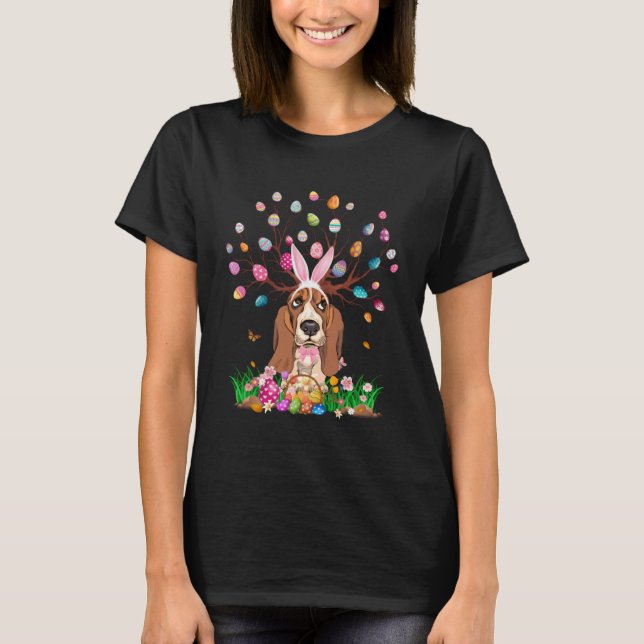 Camiseta Basset Hound Dog With Bunny Ears Easter Egg Tree E (Anverso)
